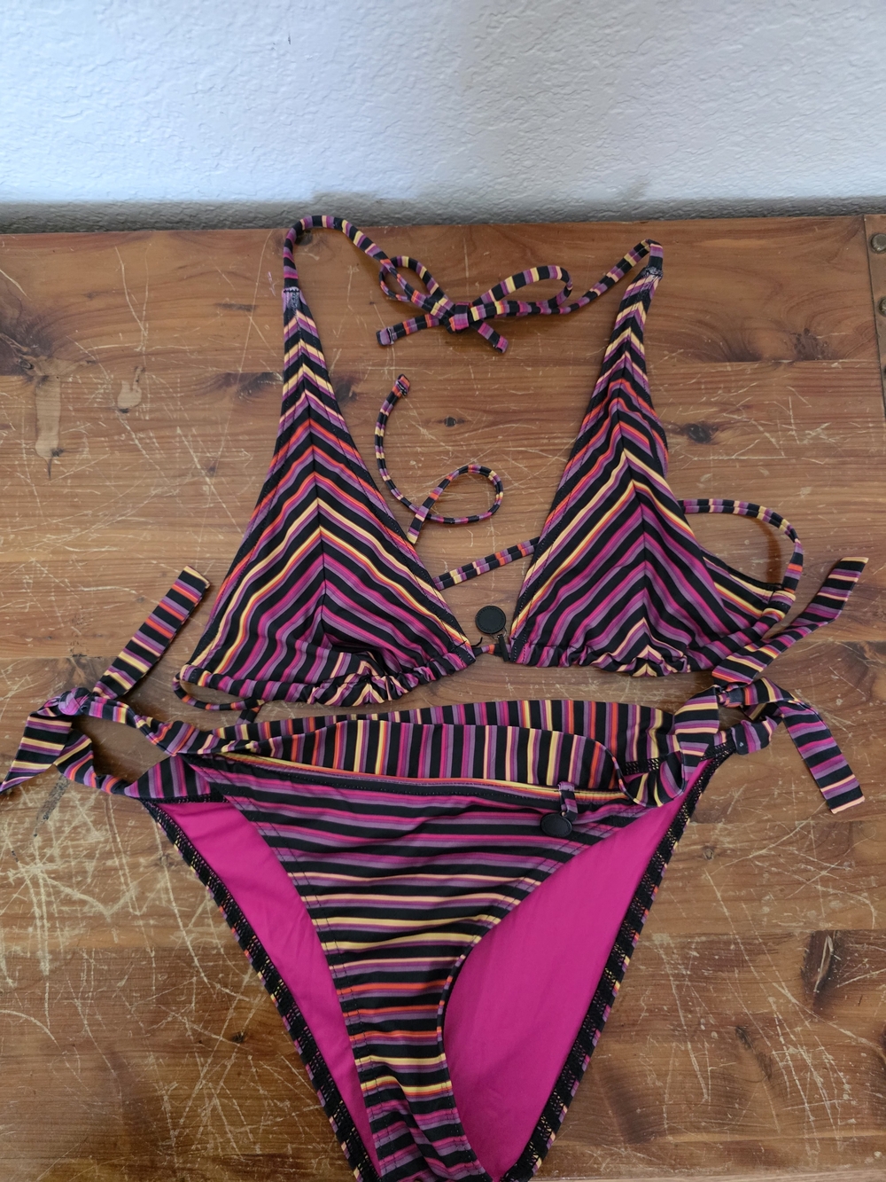 Calvin Klein Striped Triangle Bikini Set in Black, Pink & Orange Size Medium
